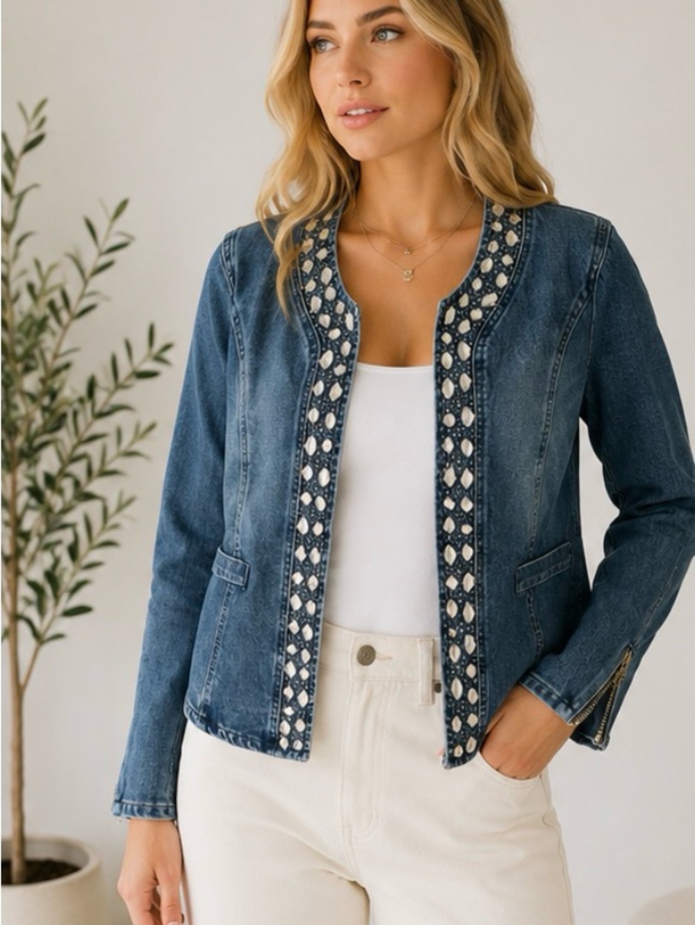 Rhinestone Trim Denim Jacket – Medium Wash | Size Medium